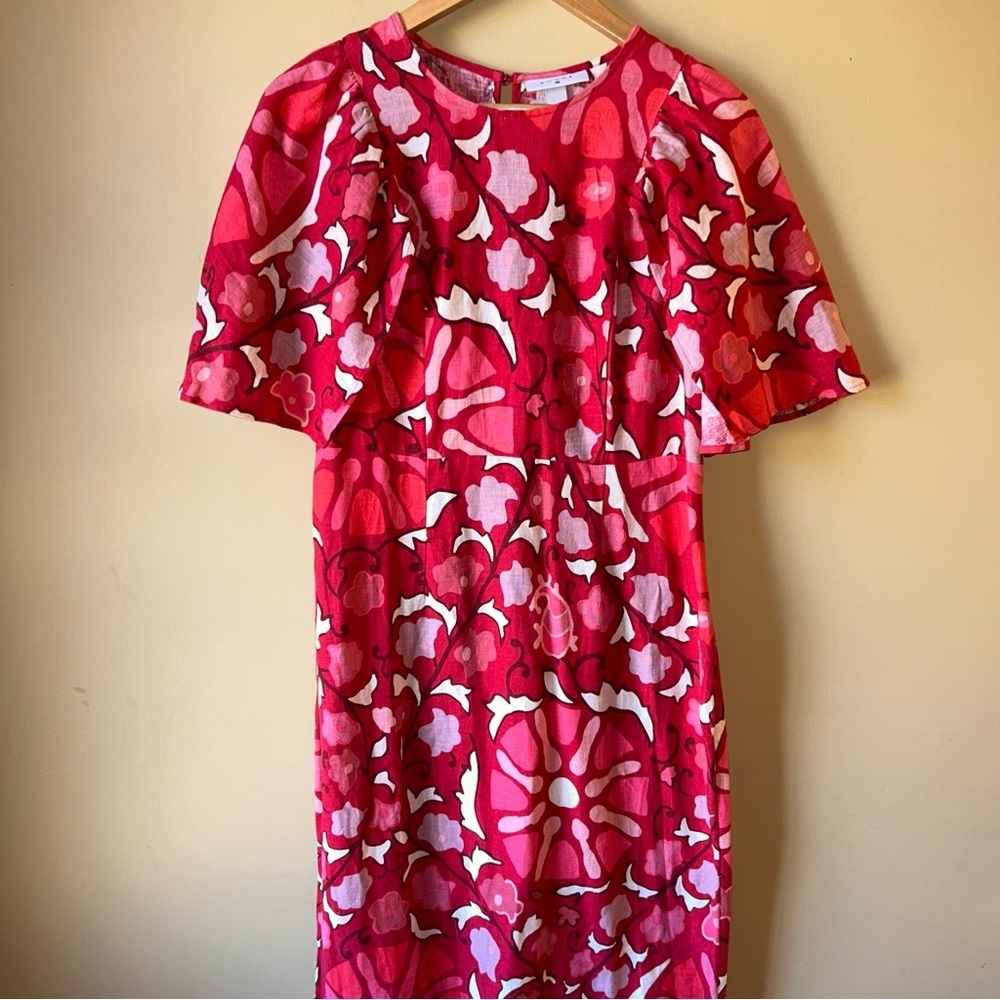 RHODE Women's Zinnia Floral Bell Sleeve Midi Linen Blend Dress Red Size 12 NWT
